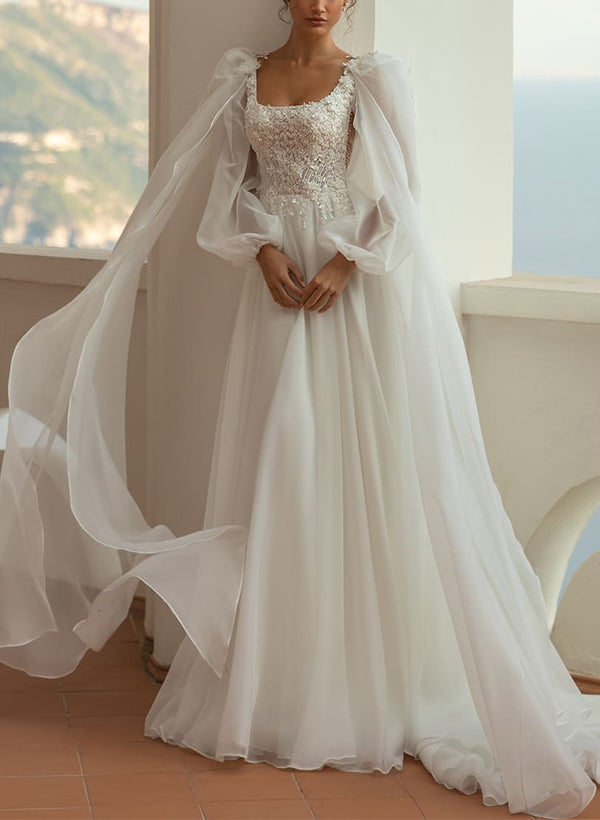 Chic A-line Square Neckline Long Sleeves Lace Tulle Wedding Dresses-Dbrbridal