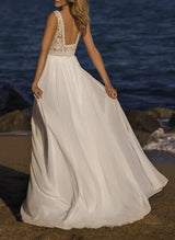 Chic A-line Square Neckline Sleeveless Sweep Train Chiffon Lace Wedding Dresses-Dbrbridal