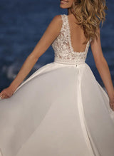 Chic A-line Square Neckline Sleeveless Sweep Train Chiffon Lace Wedding Dresses-Dbrbridal