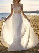 Chic A-line Square Neckline Sleeveless Sweep Train Chiffon Lace Wedding Dresses-Dbrbridal