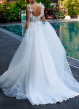 Chic A-line Square Neckline Sleeveless Sweep Train Lace Tulle Wedding Dresses-Dbrbridal