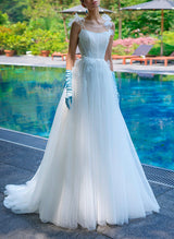 Chic A-line Square Neckline Sleeveless Sweep Train Lace Tulle Wedding Dresses-Dbrbridal