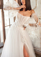 Chic A-line Strapless Long Sleeves Floor-Length Tulle Wedding Dresses Appliques Lace-Dbrbridal