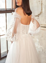 Chic A-line Strapless Long Sleeves Floor-Length Tulle Wedding Dresses Appliques Lace-Dbrbridal