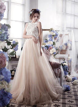 Chic A-line Tulle Scoop Neck Sweep Train Covered Button Wedding Dress Lace-Dbrbridal