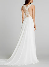 Chic A-line V-Neck Boho Garden Chiffon Wedding Dresses Appliques Lace-Dbrbridal