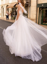 Chic A-line V-Neck Lace Tulle Wedding Dresses Split Front-Dbrbridal