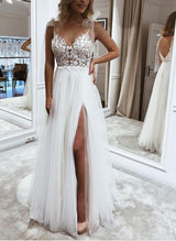 Chic A-line V-Neck Lace Tulle Wedding Dresses Split Front-Dbrbridal