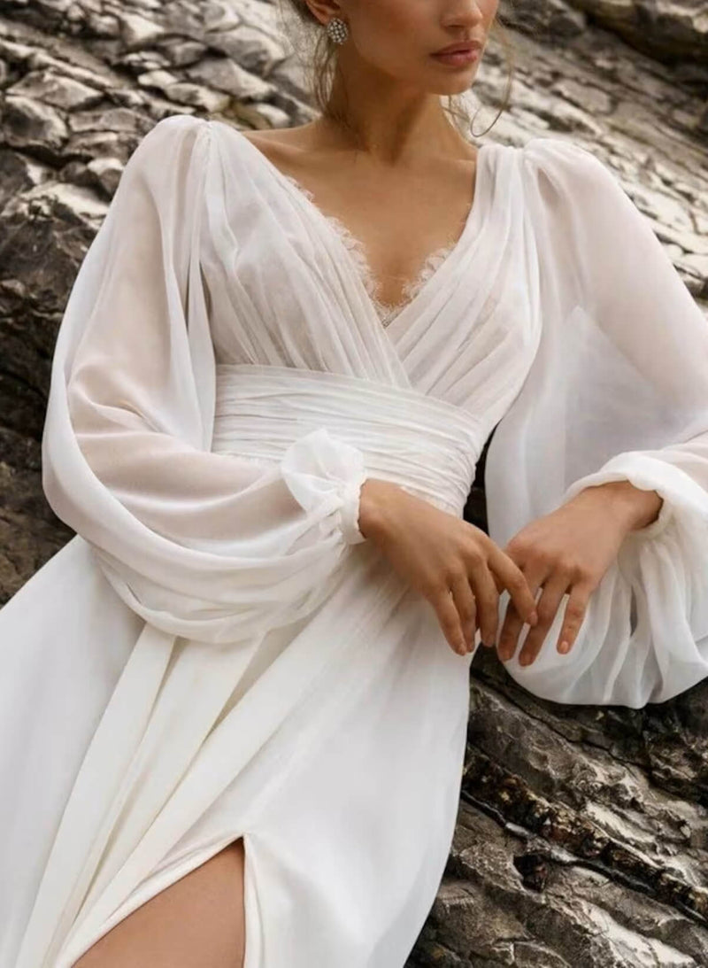 Chic A-line V-Neck Long Sleeves Chiffon Lace Court Train Bridal Gown-Dbrbridal