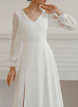 Chic A-line V-Neck Long Sleeves Chiffon Sweep Train Wedding Dress Split Front-Dbrbridal