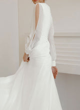 Chic A-line V-Neck Long Sleeves Chiffon Sweep Train Wedding Dress Split Front-Dbrbridal