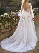 Chic A-line V-Neck Long Sleeves Lace Chapel Train Wedding Dresses Appliques Lace-Dbrbridal