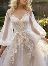 Chic A-line V-Neck Long Sleeves Lace Chapel Train Wedding Dresses Appliques Lace-Dbrbridal