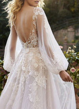Chic A-line V-Neck Long Sleeves Lace Chapel Train Wedding Dresses Appliques Lace-Dbrbridal
