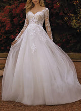 Chic A-line V-Neck Long Sleeves Lace Tulle Wedding Dresses Appliques Lace-Dbrbridal