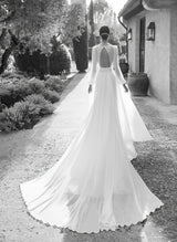 Chic A-line V-Neck Long Sleeves Sweep Train Chiffon Wedding Dresses Lace-Dbrbridal