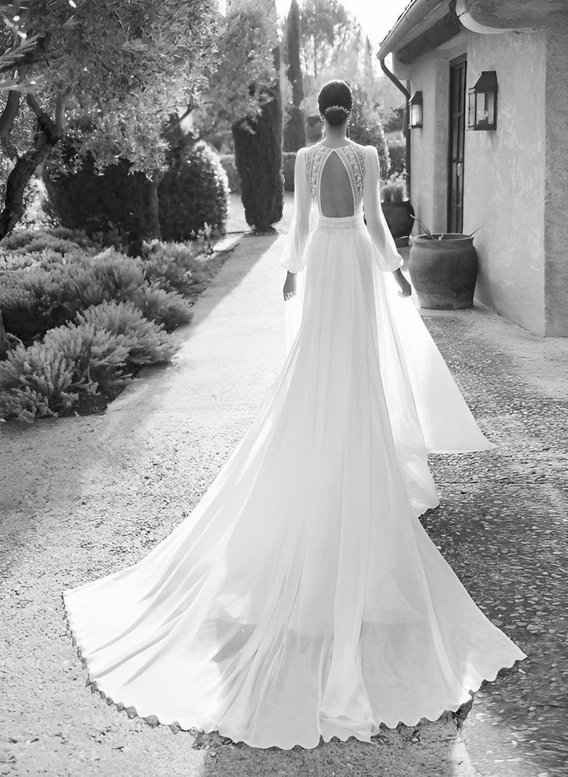 Chic A-line V-Neck Long Sleeves Sweep Train Chiffon Wedding Dresses Lace-Dbrbridal