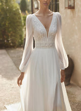 Chic A-line V-Neck Long Sleeves Sweep Train Chiffon Wedding Dresses Lace-Dbrbridal
