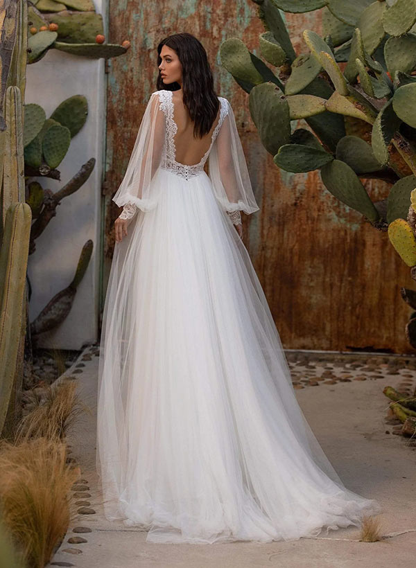Chic A-line V-neck Long Sleeves Sweep Train Tulle Wedding Dresses Lace-Dbrbridal