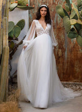 Chic A-line V-neck Long Sleeves Sweep Train Tulle Wedding Dresses Lace-Dbrbridal