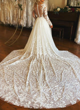 Chic A-line V-Neck Long Sleeves Tulle Wedding Dresses Appliques Lace-Dbrbridal
