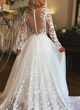 Chic A-line V-Neck Long Sleeves Tulle Wedding Dresses Appliques Lace-Dbrbridal