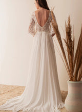 Chic A-line V-neck Sheer Lace Sleeves Tulle Wedding Dresses Appliques Lace-Dbrbridal