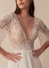 Chic A-line V-neck Sheer Lace Sleeves Tulle Wedding Dresses Appliques Lace-Dbrbridal