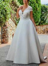 Chic A-line V-Neck Short Sleeves Sweep Train Lace Satin Wedding Dresses for Plus Size-Dbrbridal