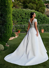 Chic A-line V-Neck Short Sleeves Sweep Train Lace Satin Wedding Dresses for Plus Size-Dbrbridal