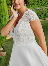 Chic A-line V-Neck Short Sleeves Sweep Train Lace Satin Wedding Dresses for Plus Size-Dbrbridal