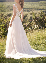 Chic A-line V-neck Short Sleeves Sweet Court Train Lace Tulle Wedding Dresses-Dbrbridal