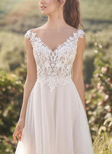 Chic A-line V-neck Short Sleeves Sweet Court Train Lace Tulle Wedding Dresses-Dbrbridal