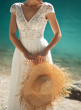 Chic A-line V-Neck Short Sleeves Tulle Wedding Dresses Split Front-Dbrbridal