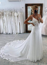 Chic A-line V-neck Sleeveless Chiffon Wedding Dress Appliques Lace-Dbrbridal