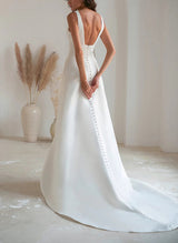 Chic A-line V-Neck Sleeveless Court Train Satin Wedding Dresses Featuring Bows-Dbrbridal