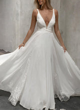 Chic A-line V-Neck Sleeveless Floor-Length Wedding Dresses Lace-Dbrbridal