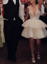 Chic A-line V-Neck Sleeveless Short Mini Tulle Wedding Dresses-Dbrbridal