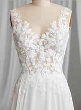 Chic A-line V-Neck Sleeveless Sweep Train Chiffon Lace Wedding Dresses-Dbrbridal