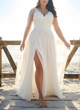 Chic A-line V-Neck Sleeveless Sweep Train Chiffon Lace Wedding Dresses-Dbrbridal