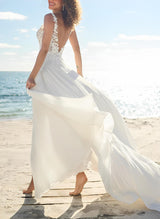 Chic A-line V-Neck Sleeveless Sweep Train Chiffon Lace Wedding Dresses-Dbrbridal