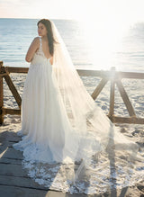 Chic A-line V-Neck Sleeveless Sweep Train Chiffon Lace Wedding Dresses-Dbrbridal