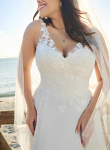 Chic A-line V-Neck Sleeveless Sweep Train Chiffon Lace Wedding Dresses-Dbrbridal