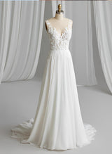 Chic A-line V-Neck Sleeveless Sweep Train Chiffon Lace Wedding Dresses-Dbrbridal