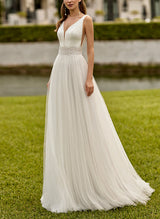 Chic A-line V-Neck Sleeveless Sweep Train Satin Tulle Wedding Dresses-Dbrbridal
