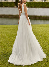 Chic A-line V-Neck Sleeveless Sweep Train Satin Tulle Wedding Dresses-Dbrbridal