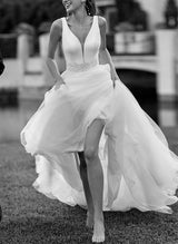 Chic A-line V-Neck Sleeveless Sweep Train Satin Tulle Wedding Dresses-Dbrbridal