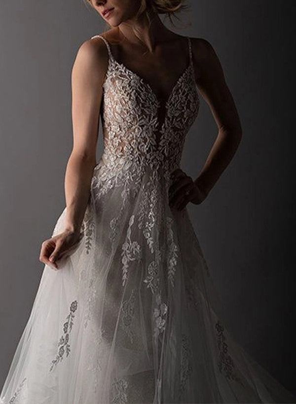 Chic A-line V-Neck Sleeveless Tulle Chapel Train Wedding Dress Appliques Lace-Dbrbridal