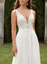 Chic A-line V-Neck Sweep Train Chiffon Wedding Dress Split Front-Dbrbridal