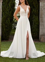 Chic A-line V-Neck Sweep Train Chiffon Wedding Dress Split Front-Dbrbridal